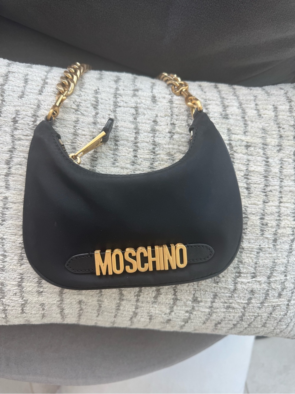 Moschino Black Mini Shoulder Bag with Gold Logo Chain